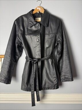 Classic Black Leather Button-Front Jacket with Waist Tie Vintage